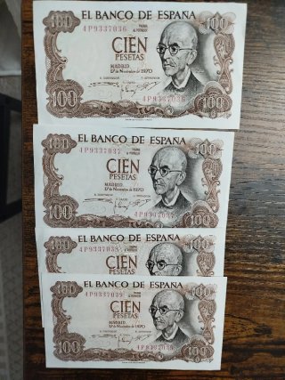 4 Billetes 100 Pesetas 1970 SC Correlativos