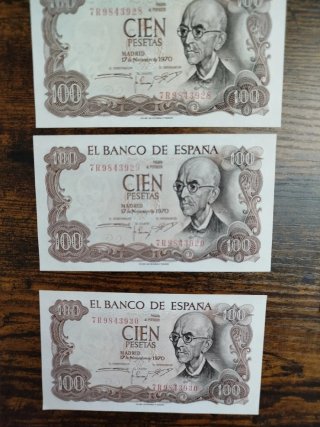 3 Billetes 100 Pesetas 1970 SC Correlativos