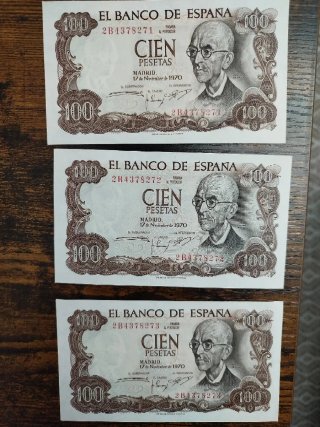 3x Billetes 100 Pesetas 1970 SC Correlativos buena