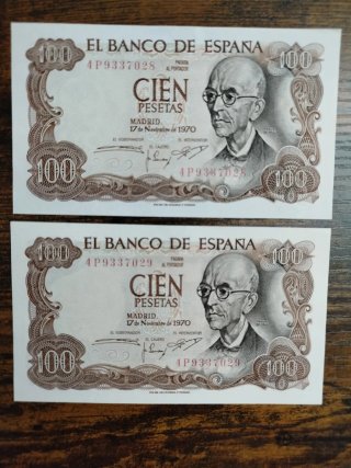 2x Billetes 100 Pesetas 1970 Correlativos