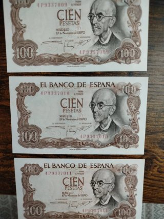 3 Billetes 100 Pesetas 1970 SC Correlativos