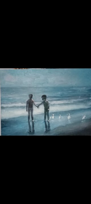 Cuadro Óleo Mar Niños y Gaviotas
