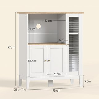 Microondas Con Superficie para Electrodomésticos, Armarios y Puerta de Vidrio, Credenza de Cocina con Estantes Ajustables, Orificio para Cables y Patas de Pino, para Cocina, Sala de Estar, 80X35X9...