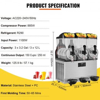 Máquina de Slushie Comercial, 3 x 12L / 3.2 Galón Triple Tazón, Salida de 72 Tazas, 220V 1300W Fabricante de Bebidas Congeladas de Margarita y Smoothie de Acero Inoxidable, Máquina de Slushie para...
