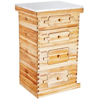 Kit de Inicio de Colmena de Abejas de 40 Marcos, Madera de Abeto Recubierta de Cera de Abeja, 2 Cajas Profundas + 2 Cajas Medianas Kit de Colmena Langstroth, Ventanas Acrílicas Transparentes con F...