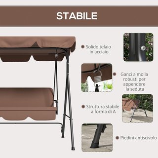 Columpio de Jardín para 3 Personas con Techo Regulable, Columpio de Exterior con Asiento Transpirable en Textilene y Metal, Capacidad de Hasta 240 Kg, 172X110X153 Cm, Marrón