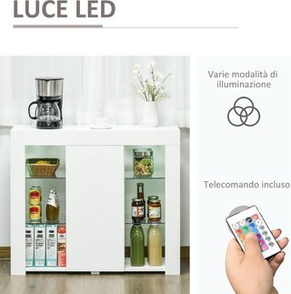 Credenza Moderna con Puerta y Luces LED y Estantes de Vidrio, Mueble Multiuso de Madera con Acabado Brillante, 97X35X83Cm, Blanco