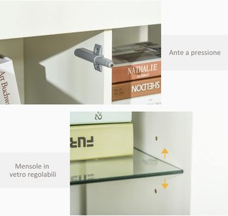 Credenza Moderna con Puerta y Luces LED y Estantes de Vidrio, Mueble Multiuso de Madera con Acabado Brillante, 97X35X83Cm, Blanco