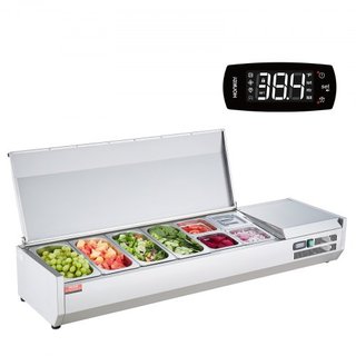 Estación de Preparación de Condimentos Refrigerada, Estación de Condimentos Refrigerada de 155 W para Encimera, con 4 Bandejas de 1/3 y 4 Bandejas de 1/6, Cuerpo de Acero Inoxidable 304 y Tapa de ...