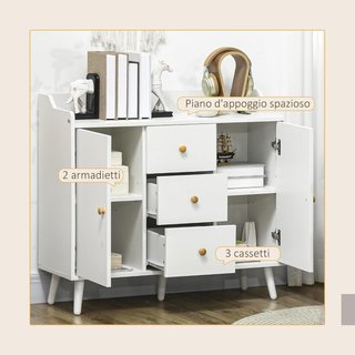 Credenza de Salón de Madera Con 3 Cajones Y 2 Armarios de 2 Niveles, Mueble de Salón Moderno Y Multiusos para Cocina, Comedor Y Entrada, 90X32X80 Cm, Blanco