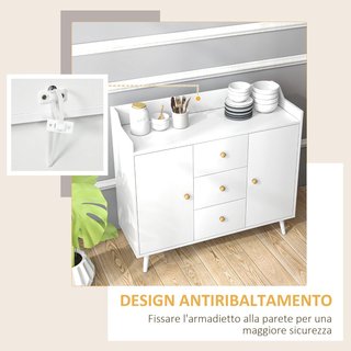 Credenza de Salón de Madera Con 3 Cajones Y 2 Armarios de 2 Niveles, Mueble de Salón Moderno Y Multiusos para Cocina, Comedor Y Entrada, 90X32X80 Cm, Blanco