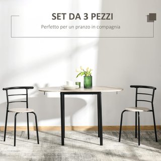 Conjunto de Comedor de 3 Piezas con 2 Sillas y 1 Mesa de Comedor Ovalada en MDF y Acero para Espacios Reducidos, Color Madera