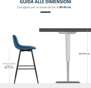 Set de 2 Taburetes Altos de Estilo Nórdico con Respaldo y Reposapiés, Taburetes con Respaldo de Tela Efecto Terciopelo y Metal, 45X47X88 Cm, Azul