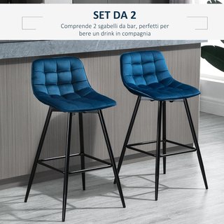 Set de 2 Taburetes Altos de Estilo Nórdico con Respaldo y Reposapiés, Taburetes con Respaldo de Tela Efecto Terciopelo y Metal, 45X47X88 Cm, Azul