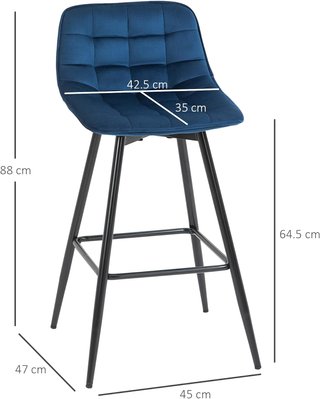 Set de 2 Taburetes Altos de Estilo Nórdico con Respaldo y Reposapiés, Taburetes con Respaldo de Tela Efecto Terciopelo y Metal, 45X47X88 Cm, Azul