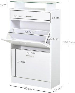 Mueble Zapatero Con 2 Puertas a 2 Niveles, Cajón y Estante de Vidrio, Zapatero Ahorra Espacio de Madera para Entrada y Pasillo, 60X24X105.5 Cm, Blanco