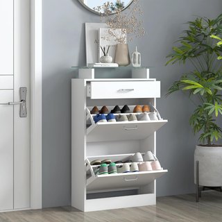 Mueble Zapatero Con 2 Puertas a 2 Niveles, Cajón y Estante de Vidrio, Zapatero Ahorra Espacio de Madera para Entrada y Pasillo, 60X24X105.5 Cm, Blanco