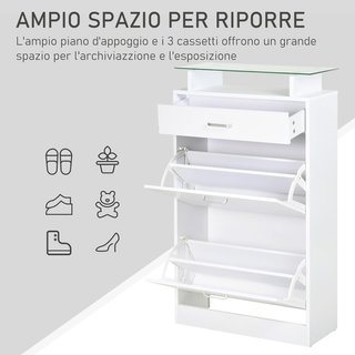 Mueble Zapatero Con 2 Puertas a 2 Niveles, Cajón y Estante de Vidrio, Zapatero Ahorra Espacio de Madera para Entrada y Pasillo, 60X24X105.5 Cm, Blanco