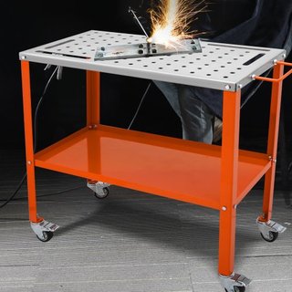 Mesa de Soldadura 91.4 cm x 45.7 cm, Capacidad de Carga de 544 kg Mesa de Trabajo de Soldadura de Acero sobre Ruedas, Banco de Trabajo Portátil de 2 Capas con Ruedas de Frenado, 4 Ranuras para Her...