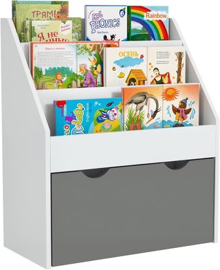 Estantería para Niños de 3-8 Años con 3 Estantes y Cajón Inferior, Estante para Juguetes de Madera MDF, 62.5X30X70 Cm, Blanco y Gris
