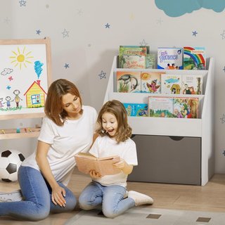 Estantería para Niños de 3-8 Años con 3 Estantes y Cajón Inferior, Estante para Juguetes de Madera MDF, 62.5X30X70 Cm, Blanco y Gris