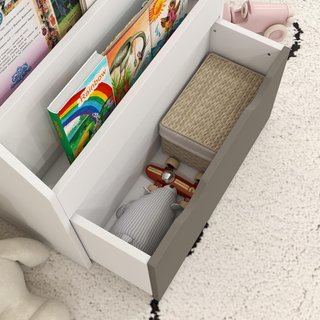 Estantería para Niños de 3-8 Años con 3 Estantes y Cajón Inferior, Estante para Juguetes de Madera MDF, 62.5X30X70 Cm, Blanco y Gris