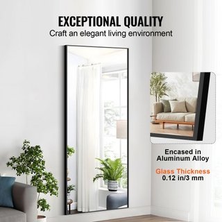 Espejo de Cuerpo Entero, 71" x 31", Espejo de Piso Rectangular Extra Grande de Temperado con Soporte de Aluminio, Espejo de Vestir para Sala de Estar y Dormitorio, Negro