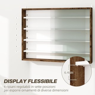 Vitrina Expositiva de Pared con 4 Estantes Regulables, Vitrinita para Coleccionismo, Exhibidor de Pared para Objetos de Colección, en Vidrio y Aglomerado, 80X9.5X60 Cm, Marrón