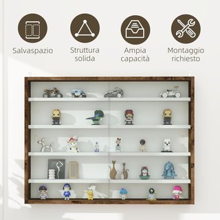 Vitrina Expositiva de Pared con 4 Estantes Regulables, Vitrinita para Coleccionismo, Exhibidor de Pared para Objetos de Colección, en Vidrio y Aglomerado, 80X9.5X60 Cm, Marrón