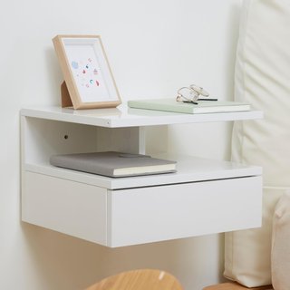 Juego de 2 Mesitas de Noche Suspendidas para Dormitorio, Mesitas de Noche Modernas, con Cajón y Estante Superior de Madera, 35X32X22.5Cm, Blanco Brillante