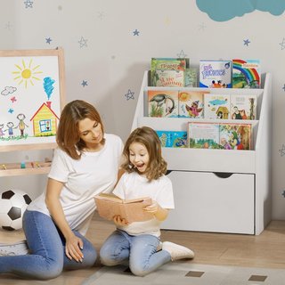Estantería para Niños de 3-8 Años con 3 Estantes y Cajón Inferior, Estante para Juguetes de Madera MDF, 62.5X30X70 Cm, Blanco