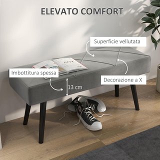 Banco de Cama con Acolchado, Banco de Entrada y Sala de Estar en Tejido Efecto Terciopelo y Acero, 100X36X45 Cm, Gris y Negro