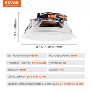 Altavoces Bluetooth empotrados de 6.5", 150W, sistema de altavoces empotrados en el techo y en la pared con impedancia de 8Ω y sensibilidad de 89dB, para cocina, sala de estar, dormitorio o porche...