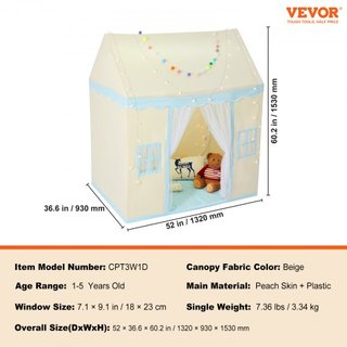 Tienda de Juego para Niños, Tienda para Niños de 1 a 5 Años, Tienda para Niños con Alfombra y Lámpara de Tienda, Tienda para Niños con Ventanas para Interior y Exterior, Tienda Castillo para Niños...