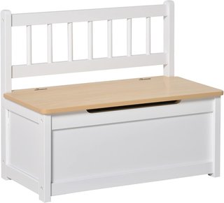 Banca para Niños 2 en 1 de Madera con Pistón de Cierre Seguro, 60X30X50Cm Blanco y Madera Natural