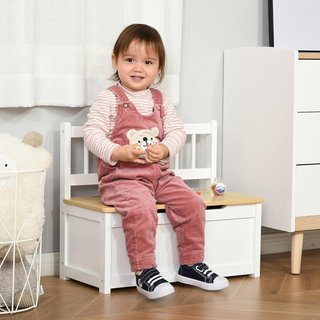 Banca para Niños 2 en 1 de Madera con Pistón de Cierre Seguro, 60X30X50Cm Blanco y Madera Natural