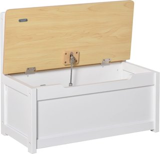 Banca para Niños 2 en 1 de Madera con Pistón de Cierre Seguro, 60X30X50Cm Blanco y Madera Natural