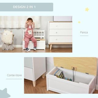 Banca para Niños 2 en 1 de Madera con Pistón de Cierre Seguro, 60X30X50Cm Blanco y Madera Natural