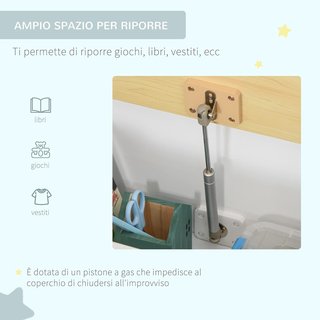 Banca para Niños 2 en 1 de Madera con Pistón de Cierre Seguro, 60X30X50Cm Blanco y Madera Natural