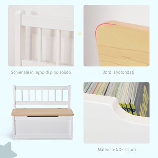 Banca para Niños 2 en 1 de Madera con Pistón de Cierre Seguro, 60X30X50Cm Blanco y Madera Natural