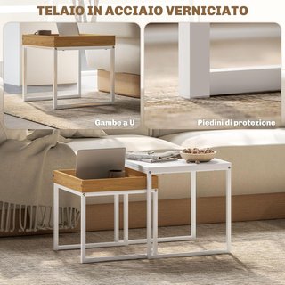 Juego De 2 Mesas De Café Apilables Con Bandeja, Mesa De Salón Moderna De Acero Para Sala De Estar Y Oficina, 45X45X45 Cm Y 40X40X40 Cm, Blanco Y Roble