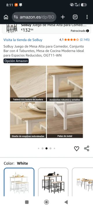 Mesa alta cocina con 4 taburetes