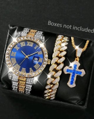 Reloj Hombre Oro y Azul con Cadena y Cruz