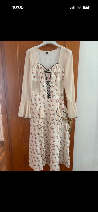 Vestido vintage floral beige y rojo