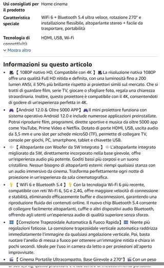 Proiettore Portatile WiFi 6 1080P