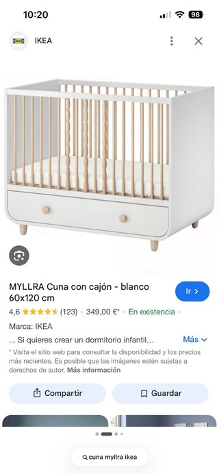 Cuna MYLLRA con cajón IKEA blanca 60x120