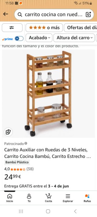 Carrito Auxiliar Bambú 3 Estantes