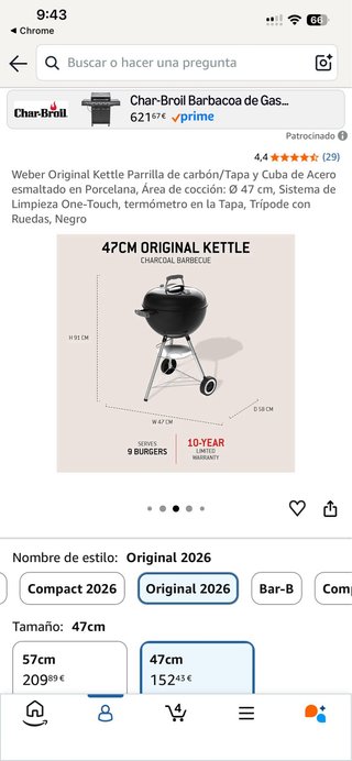 Barbacoa Weber 47cm + Funda + Chimenea