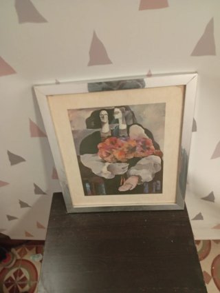Litografía de dos mujeres con flores
