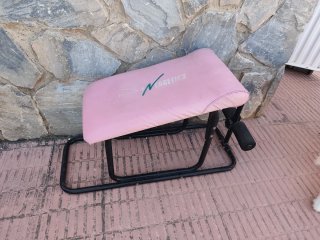 Banco de abdominales y pesas púrpura